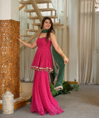 Pink Printed Georgette Plazzo Suit with Green Dupatta