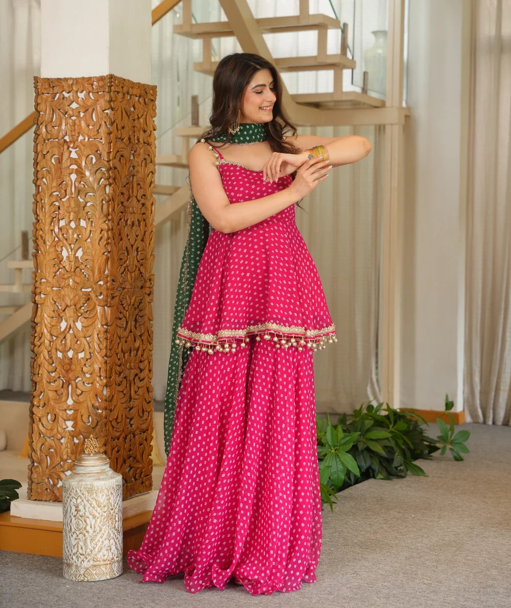Pink Printed Georgette Plazzo Suit with Green Dupatta