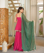 Pink Printed Georgette Plazzo Suit with Green Dupatta