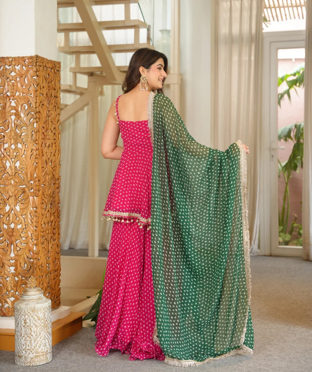 Pink Printed Georgette Plazzo Suit with Green Dupatta