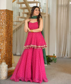 Pink Printed Georgette Plazzo Suit with Green Dupatta