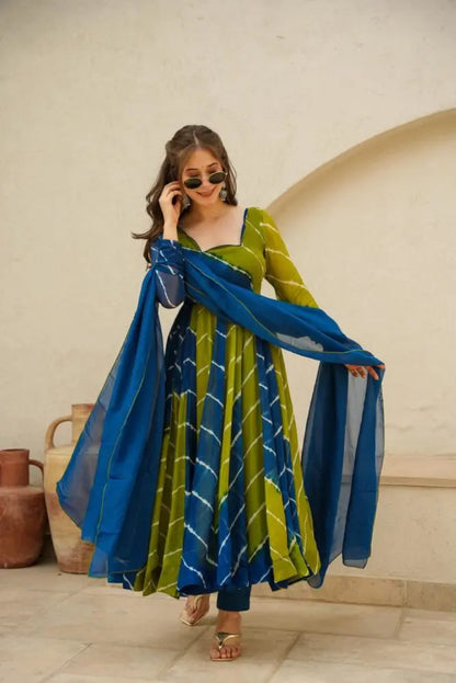 ISHVA BLUE & GREEN LEHERIYA SUIT SET