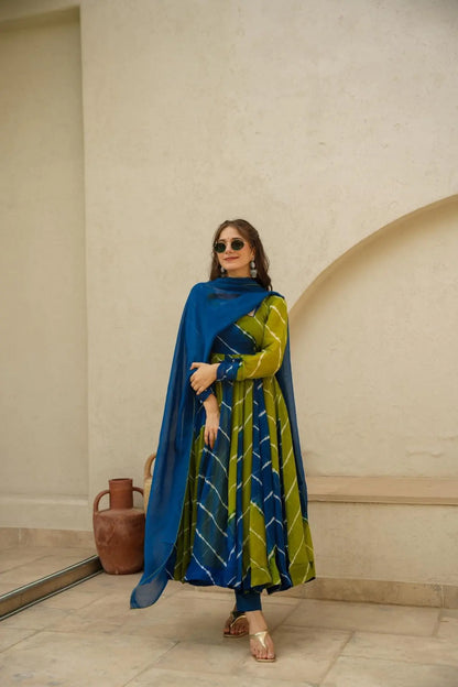 ISHVA BLUE & GREEN LEHERIYA SUIT SET