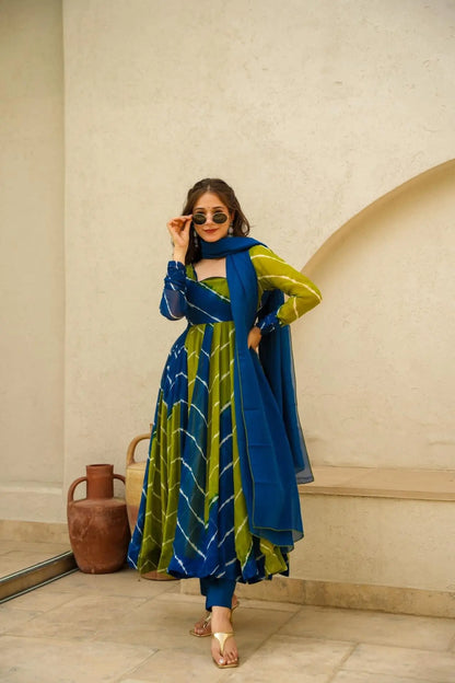 ISHVA BLUE & GREEN LEHERIYA SUIT SET