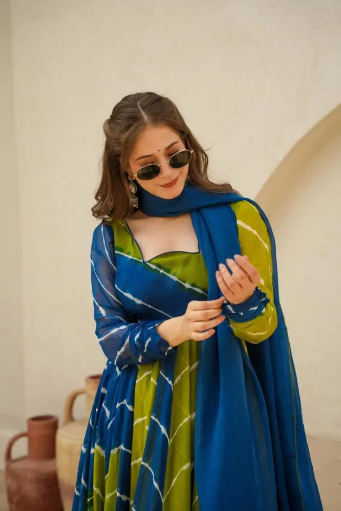 ISHVA BLUE & GREEN LEHERIYA SUIT SET