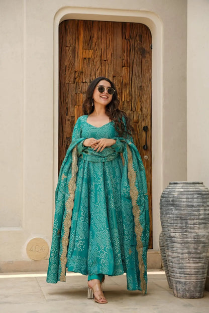 GREEN BANDHEJ MASLIN ANARKALI SUIT SET TD-141