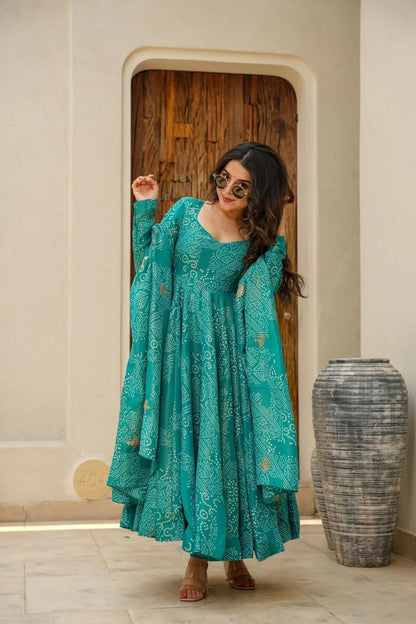 GREEN BANDHEJ MASLIN ANARKALI SUIT SET TD-141