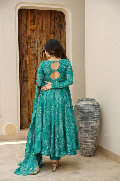 GREEN BANDHEJ MASLIN ANARKALI SUIT SET TD-141