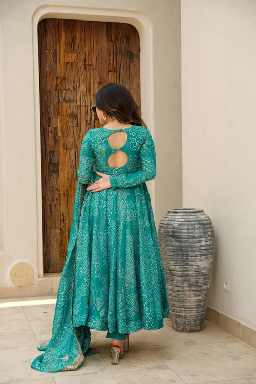 GREEN BANDHEJ MASLIN ANARKALI SUIT SET