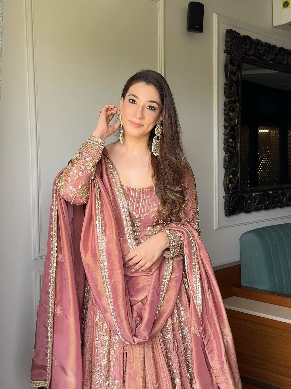 Antique Rose Festive Wear Embroidere Anarkali Suit Set