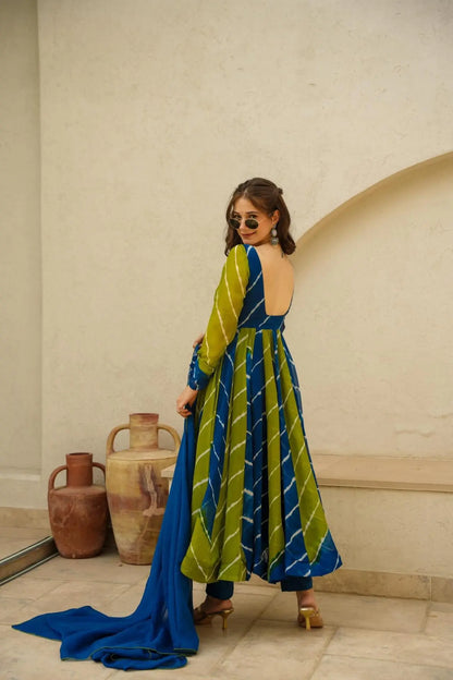 ISHVA BLUE & GREEN LEHERIYA SUIT SET