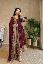 Diya Maroon Embroidered Anarkali Suit Set with Dupatta