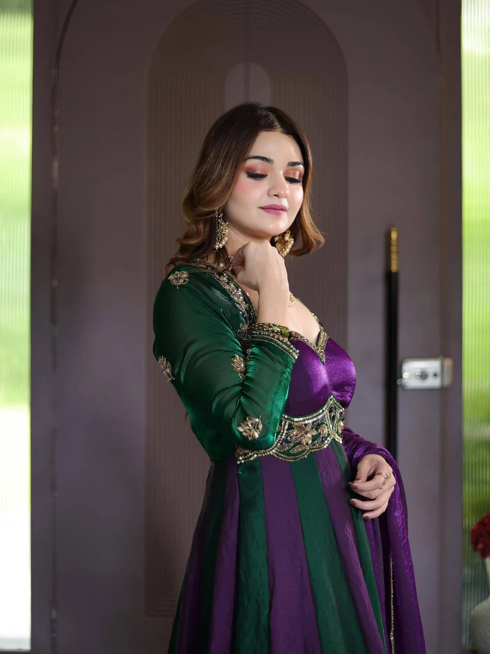 Purple and Green Embroidered Anarkali Gown with Dupatta