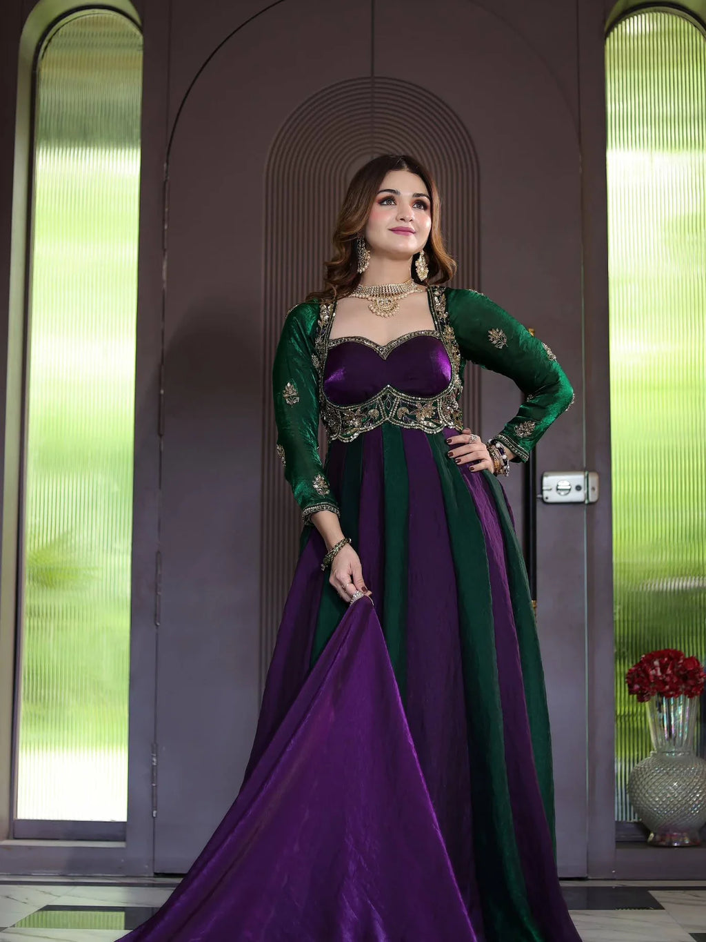 Purple and Green Embroidered Anarkali Gown with Dupatta