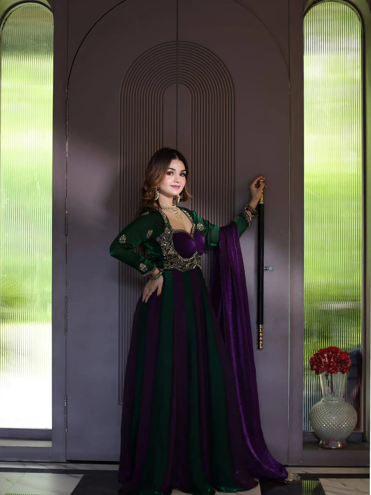 Purple and Green Embroidered Anarkali Gown with Dupatta