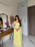 Aarvi Pastel Yellow Anarkali Suit Set