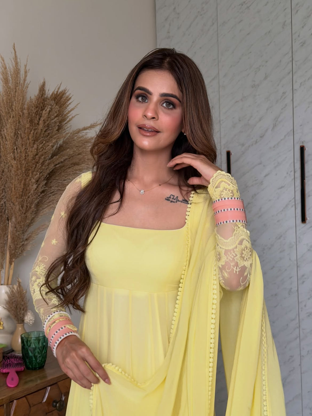 Aarvi Pastel Yellow Anarkali Suit Set