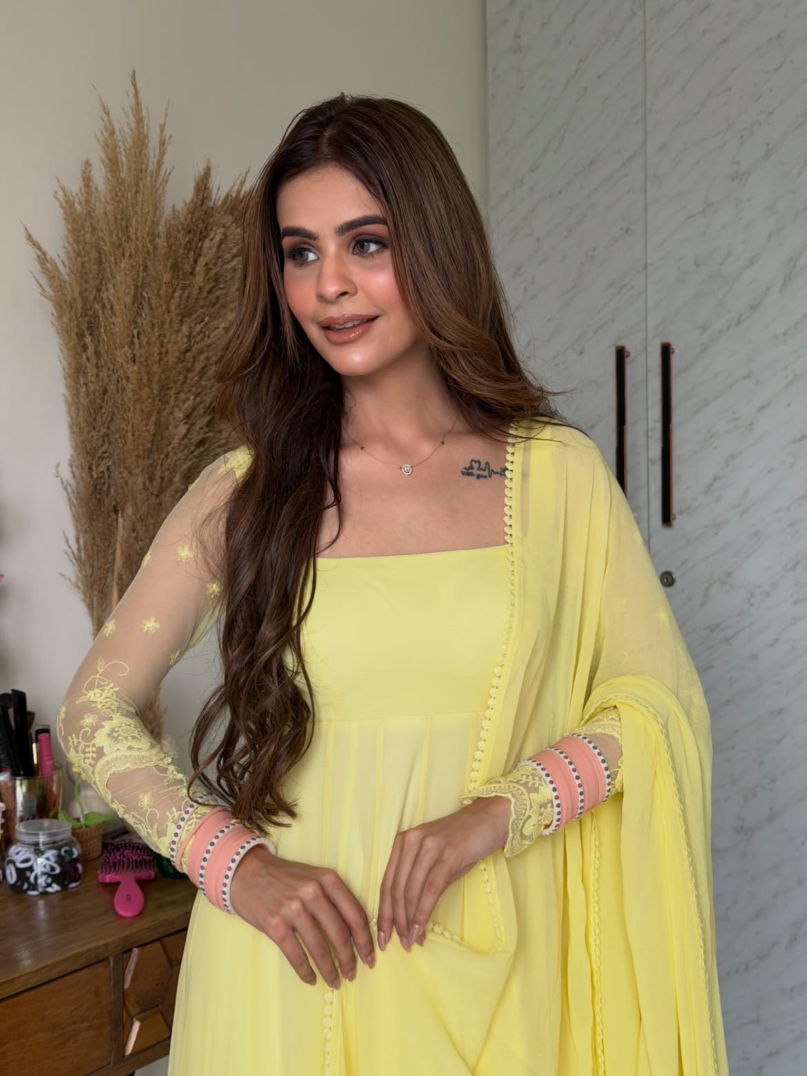 Aarvi Pastel Yellow Anarkali Suit Set