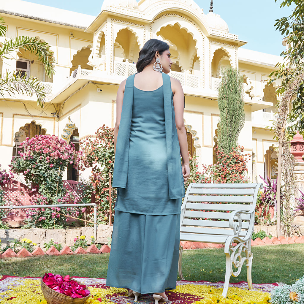 Aarohi Teal Floral Embroidered Kurta Palazzo Suit Set