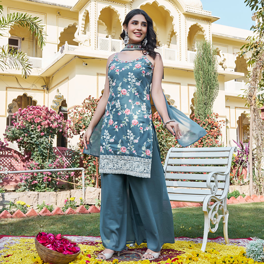 Aarohi Teal Floral Embroidered Kurta Palazzo Suit Set