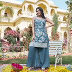 Aarohi Teal Floral Embroidered Kurta Palazzo Suit Set