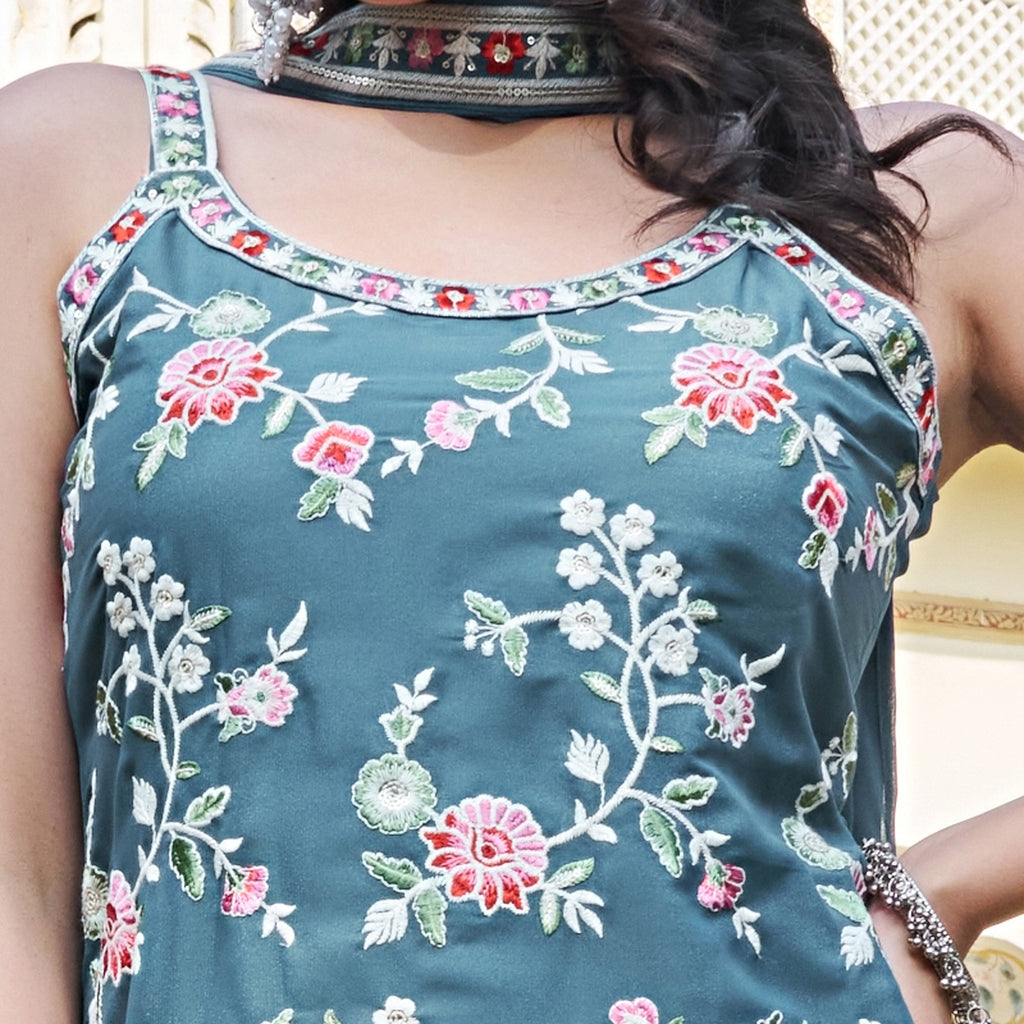Aarohi Teal Floral Embroidered Kurta Palazzo Suit Set