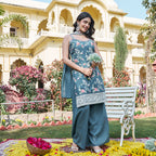 Aarohi Teal Floral Embroidered Kurta Palazzo Suit Set
