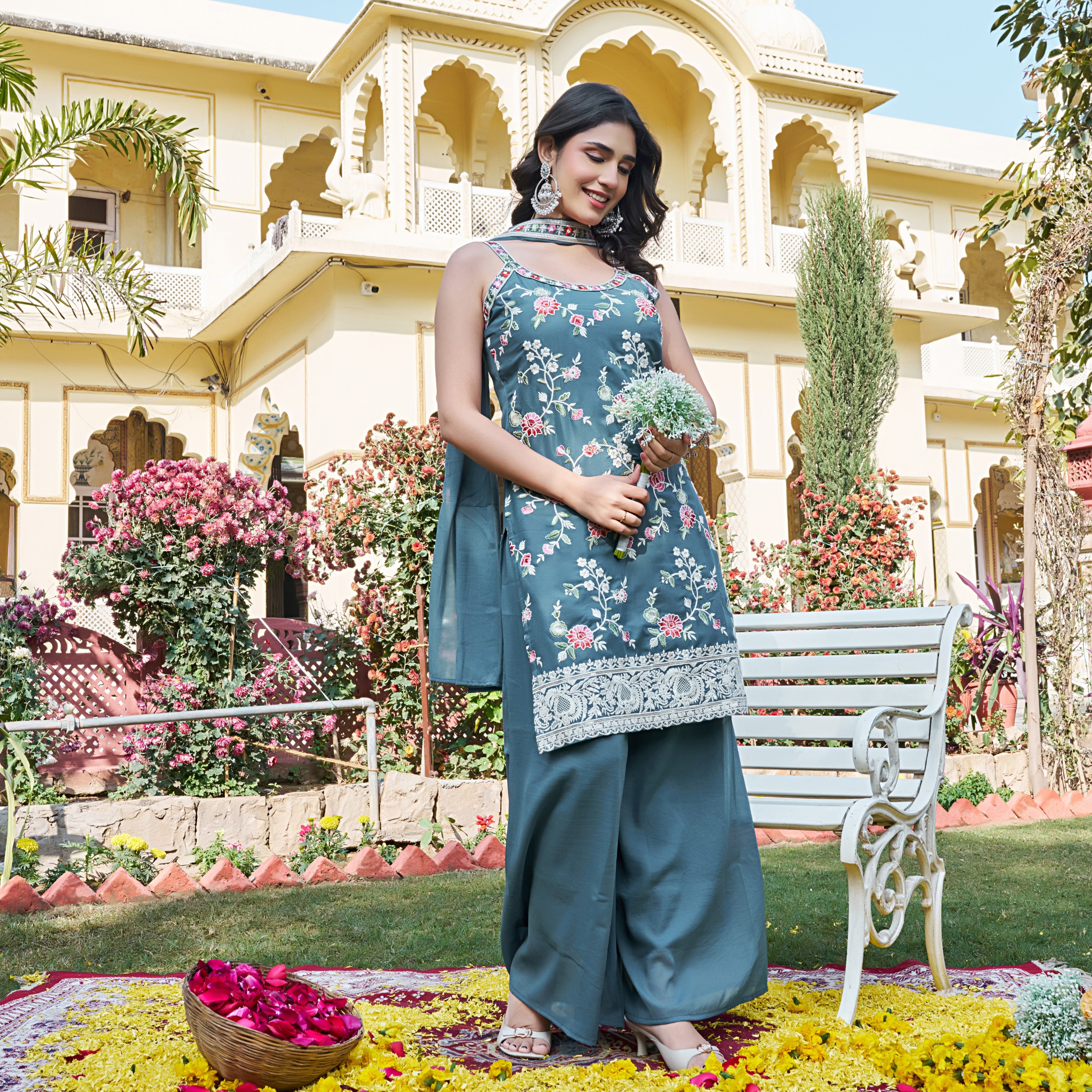 Aarohi Teal Floral Embroidered Kurta Palazzo Suit Set