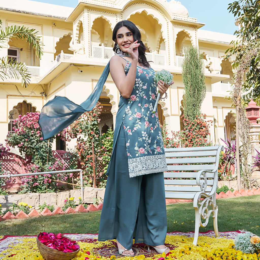 Aarohi Teal Floral Embroidered Kurta Palazzo Suit Set