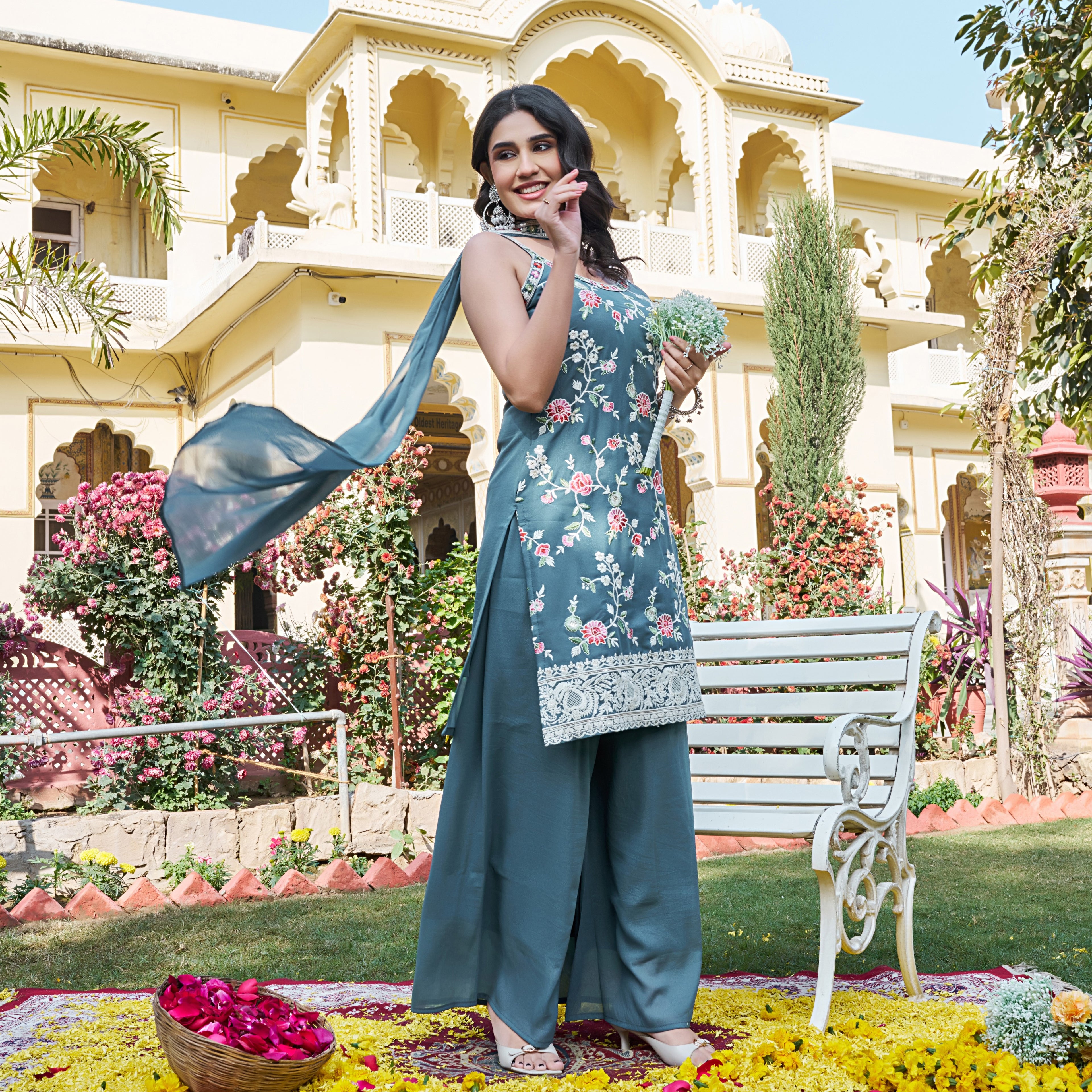 Aarohi Teal Floral Embroidered Kurta Palazzo Suit Set