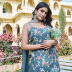 Aarohi Teal Floral Embroidered Kurta Palazzo Suit Set