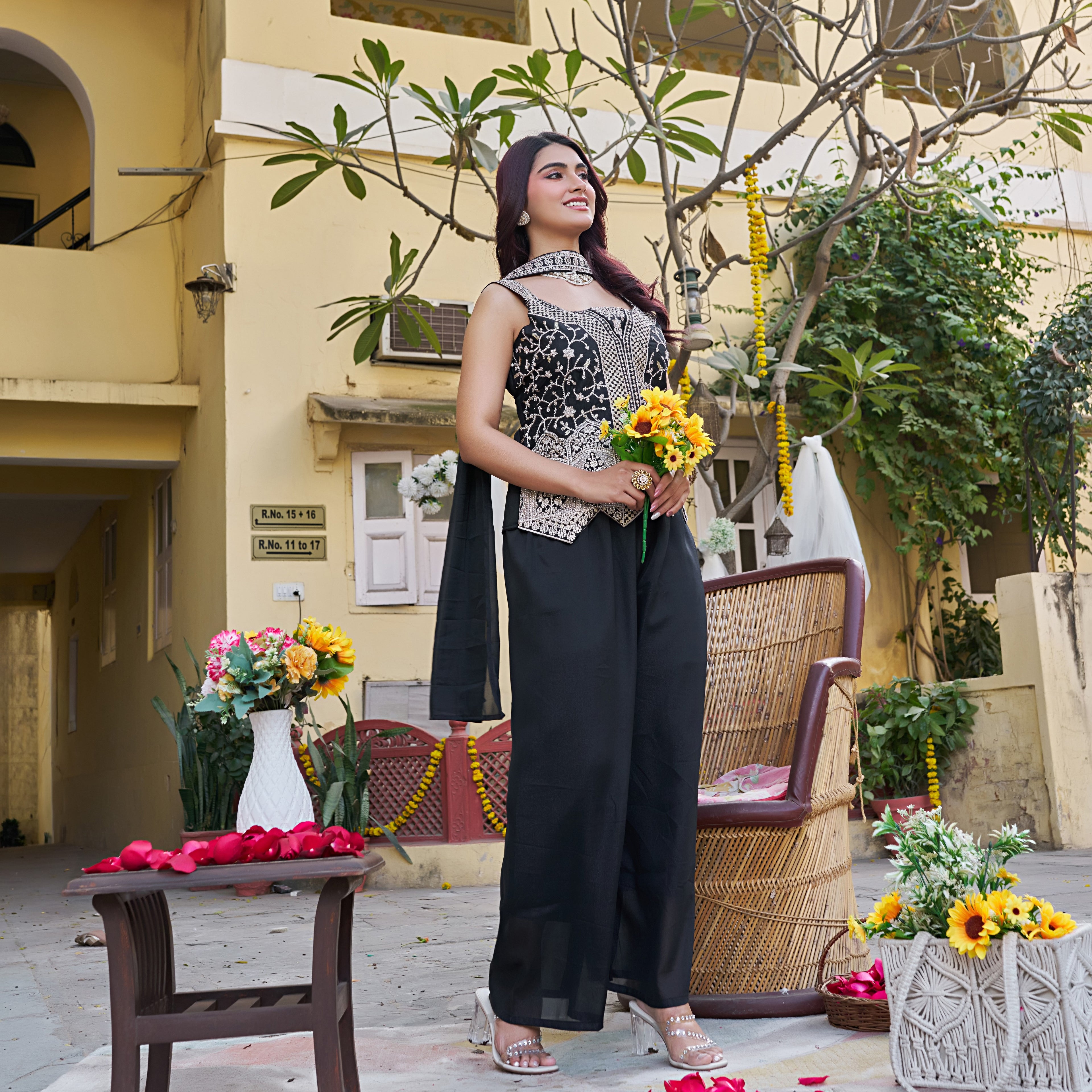 Black & Silver Festive Peplum Sharara Suit with Dupatta