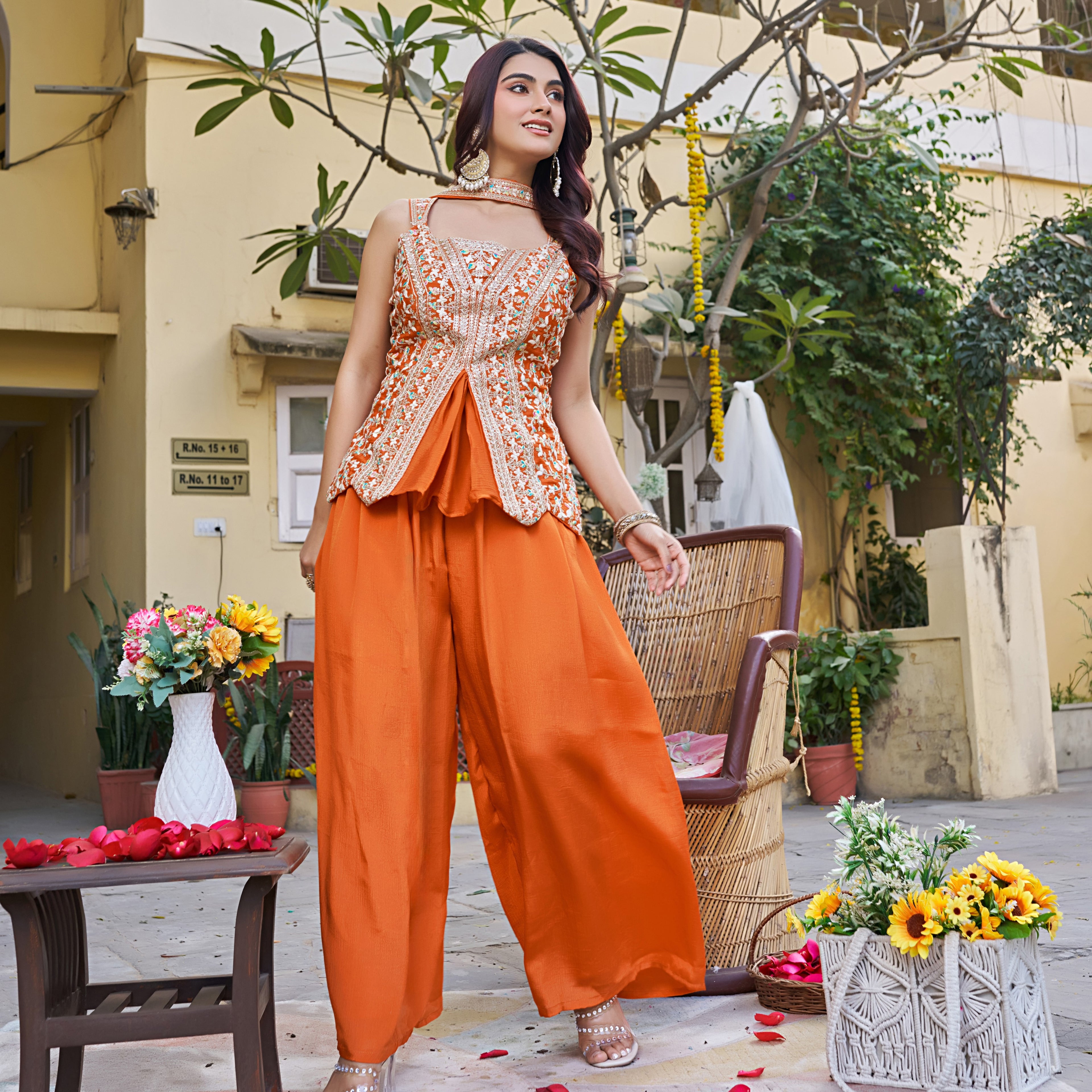 Rust Orange Floral Handwork Peplum Top for Festive Wear