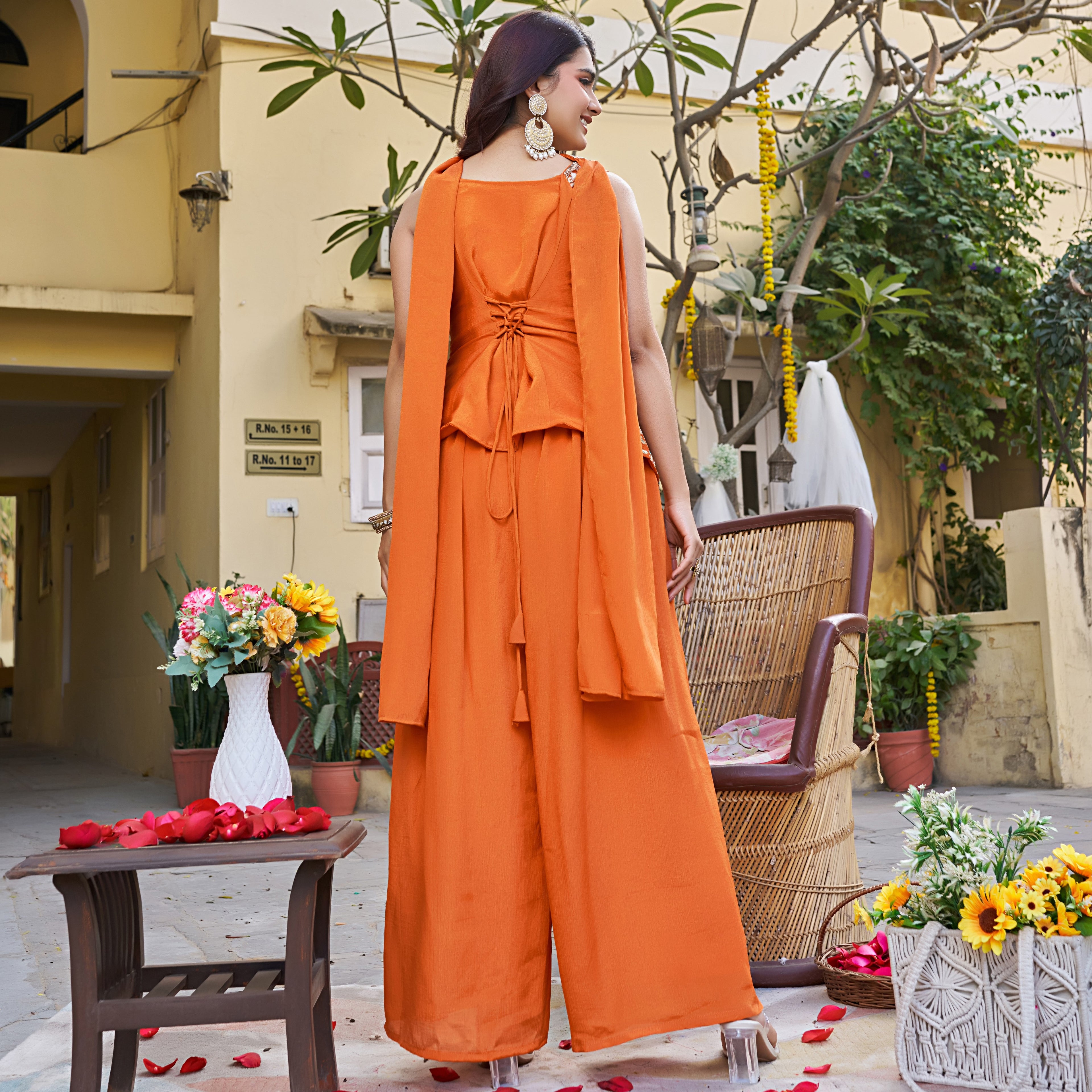 Rust Orange Floral Handwork Peplum Top for Festive Wear