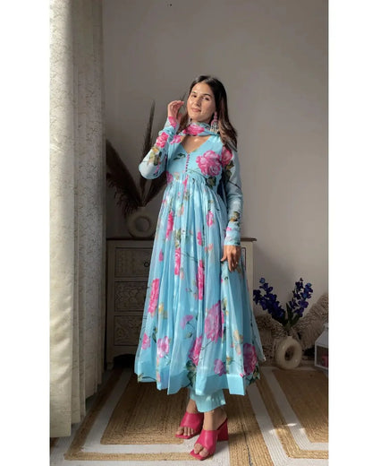 ANISKA SKY BLUE FLORAL PRINT ORGANZA SUIT SET