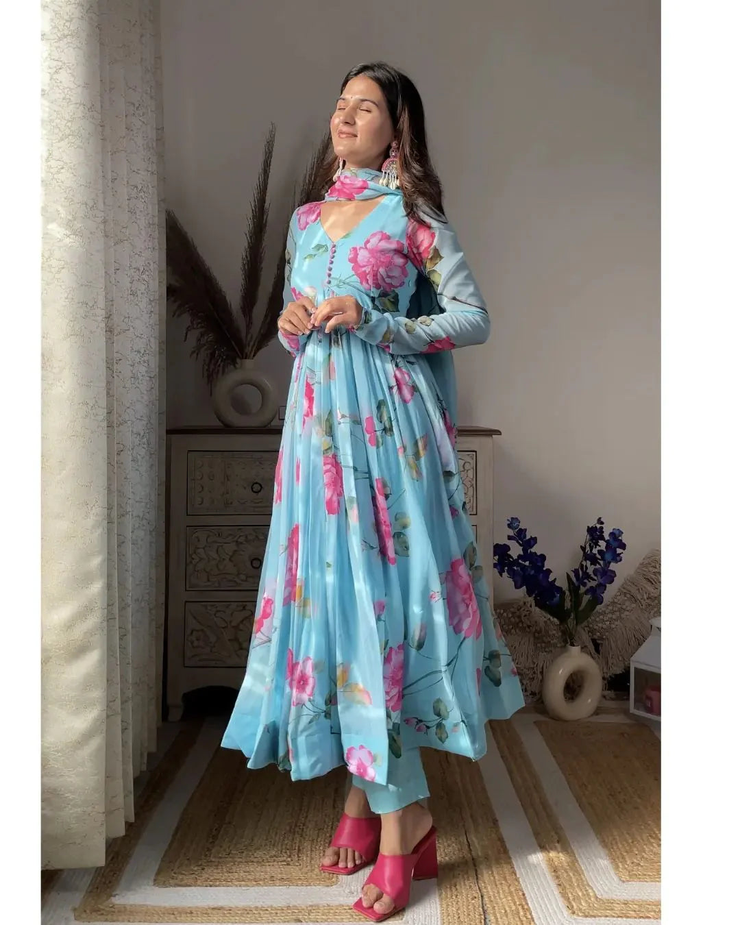 ANISKA SKY BLUE FLORAL PRINT ORGANZA SUIT SET