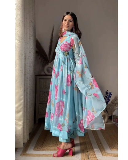 ANISKA SKY BLUE FLORAL PRINT ORGANZA SUIT SET