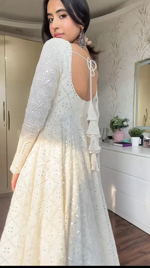 ANISKA WHITE EMBROIDERED GEORGETTE ANARKALI FULLY STITCHED SUIT SET