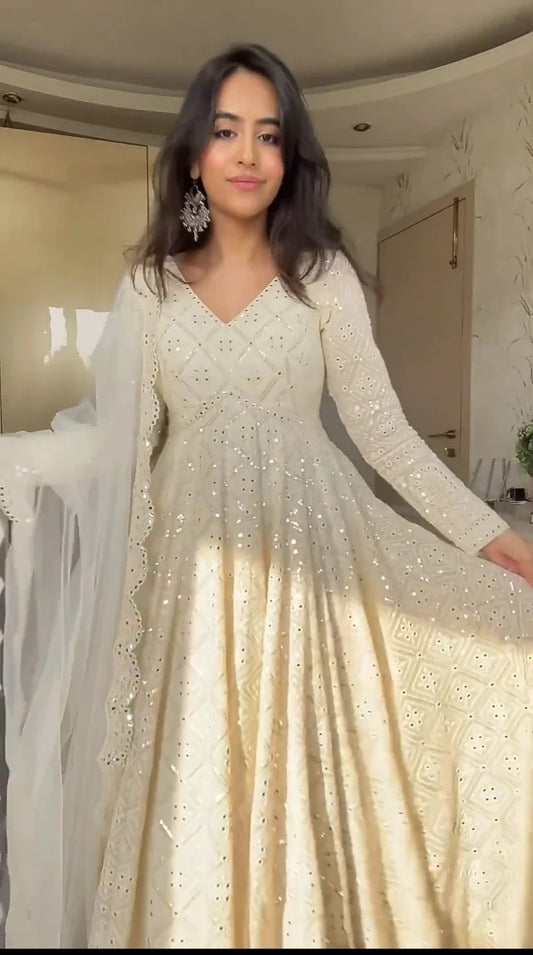 ANISKA WHITE EMBROIDERED GEORGETTE ANARKALI FULLY STITCHED SUIT SET