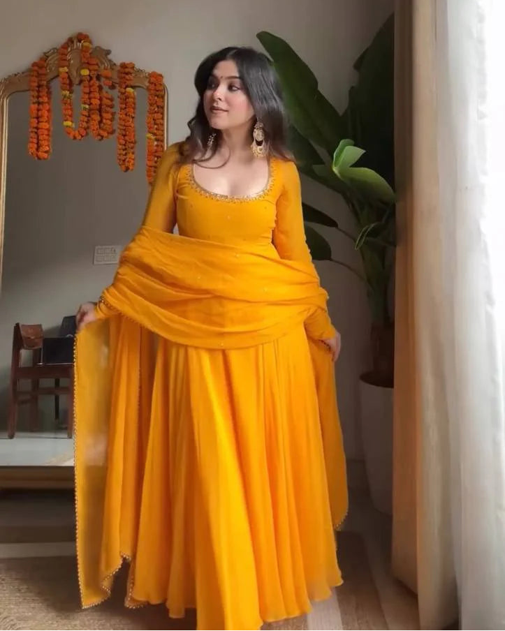 Amber Glow Yellow Georgette Anarkali Suit Set