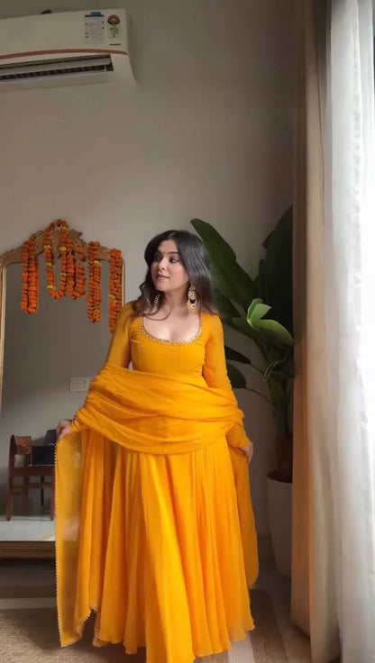 Amber Glow Yellow Georgette Anarkali Suit Set