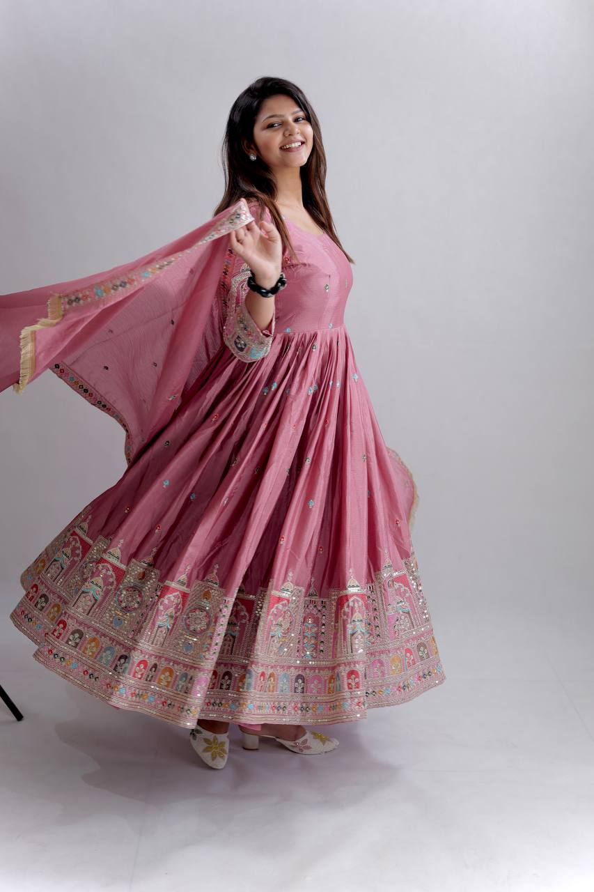 Gulabi Mahal Cinon Silk Anarkali Suit Set
