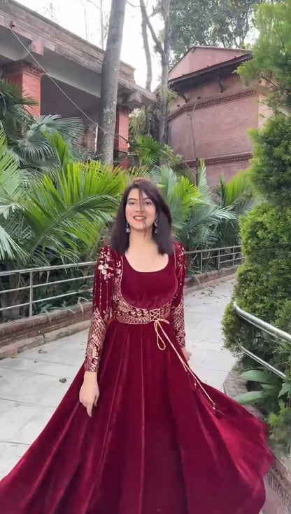 Sukena  Maroon  Velvet Anarkali Suit Set