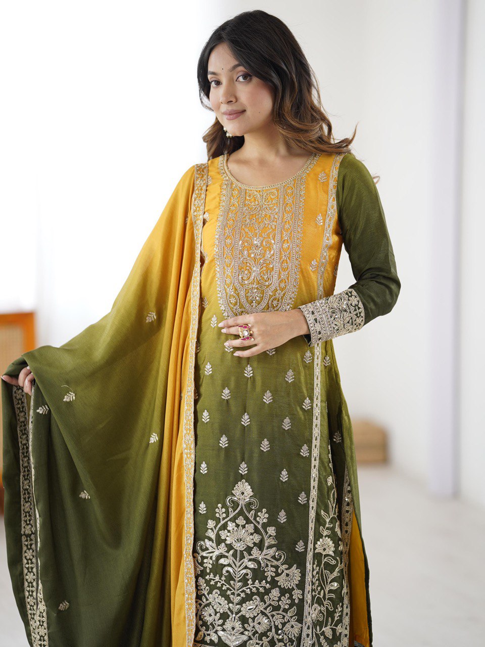 YAMIKA YELLOW AND GREEN SLWAR SUIT SET