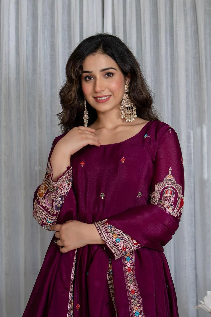Simran's wine Canvas Cinon Silk Anarkali Suit Set