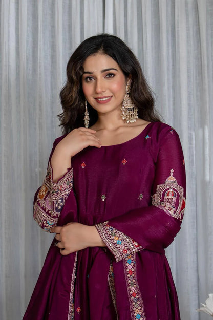 Simran's wine Canvas Cinon Silk Anarkali Suit Set