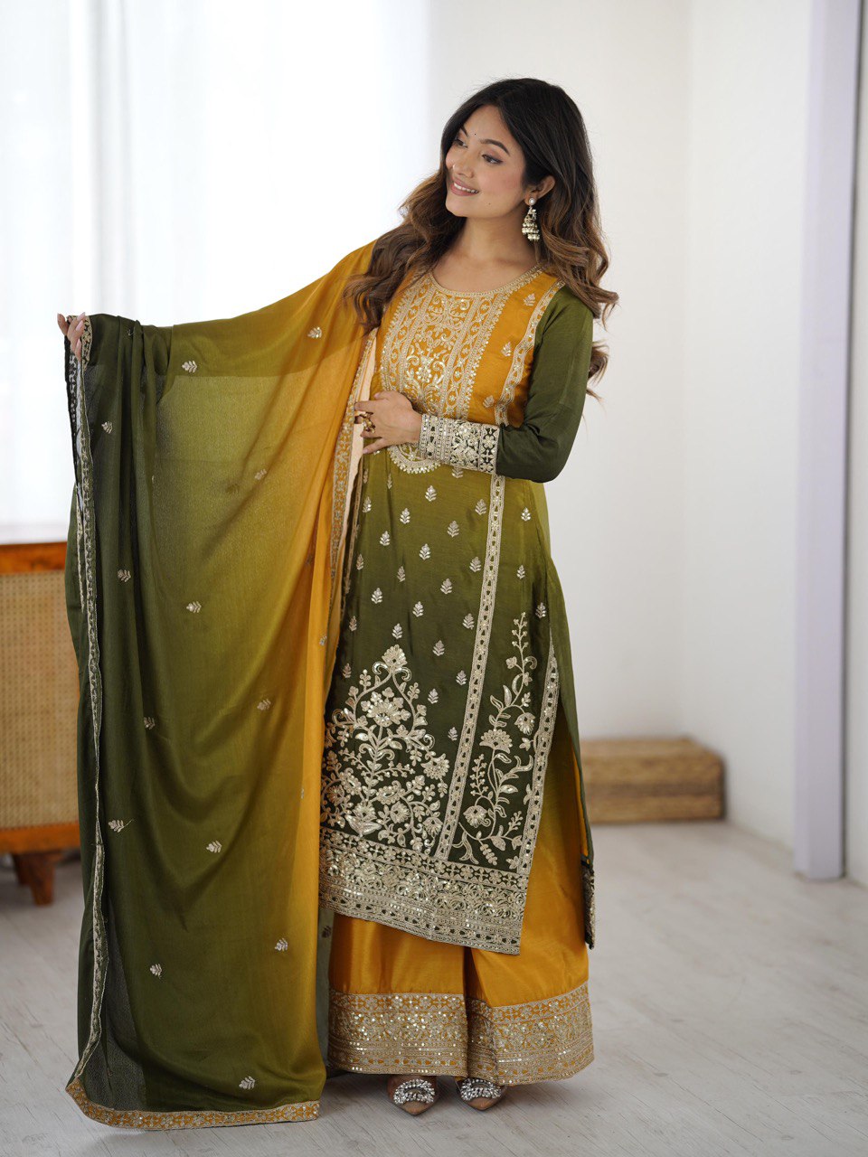 YAMIKA YELLOW AND GREEN SLWAR SUIT SET