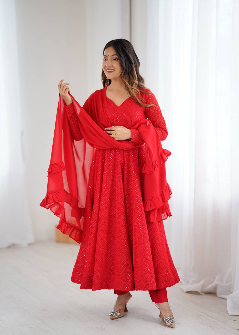 Nashita red Embroidery Heavy Fox Georgette Anarkali Suit Set