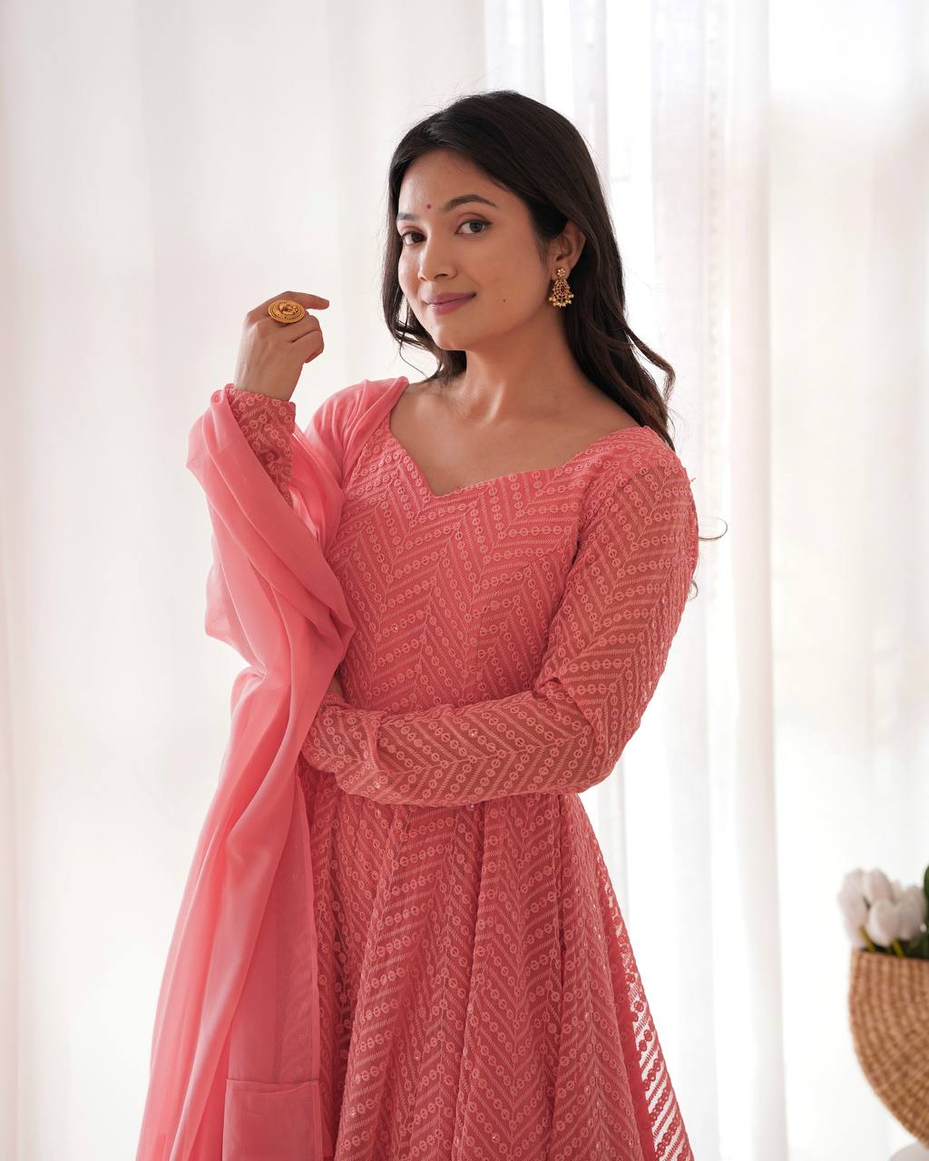 Nashita peach  Embroidery Heavy Fox Georgette Anarkali Suit Set