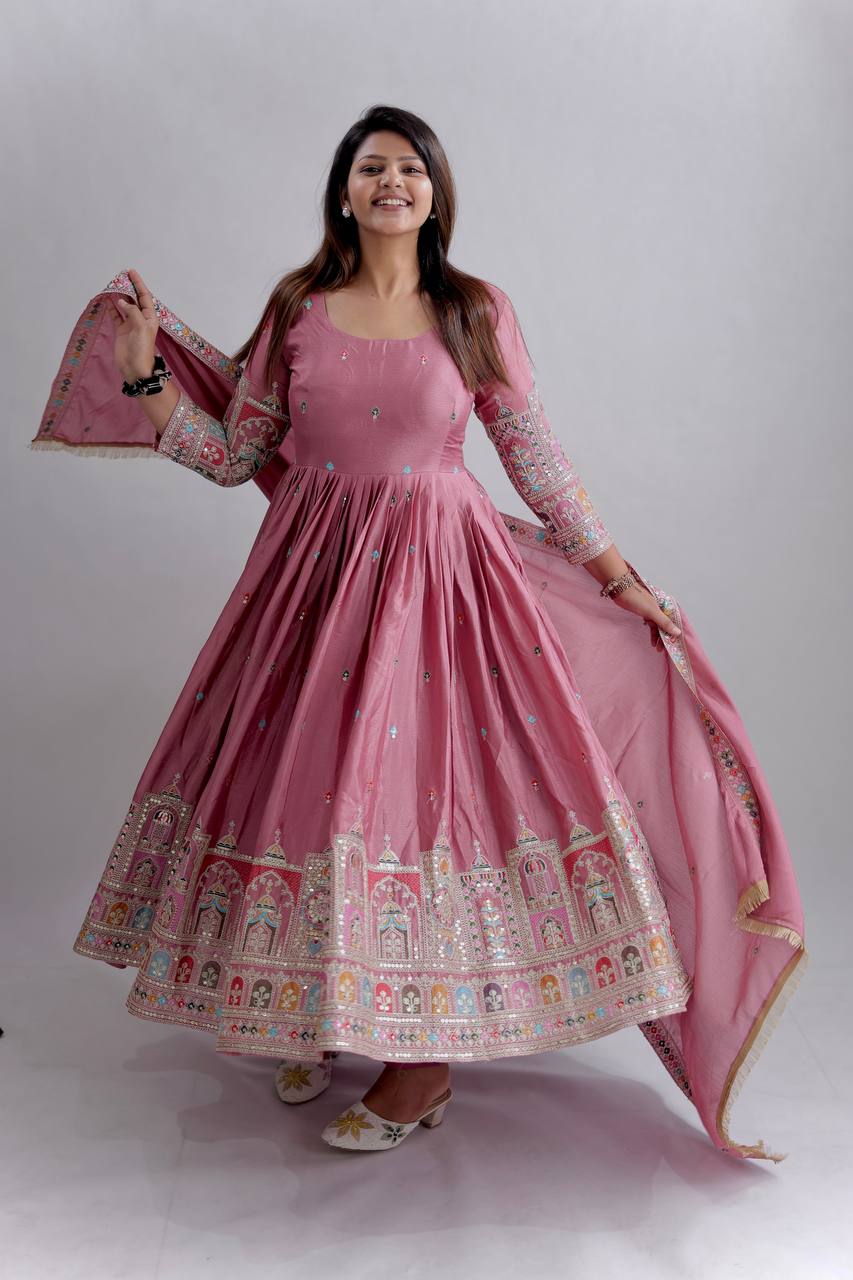 Gulabi Mahal Cinon Silk Anarkali Suit Set